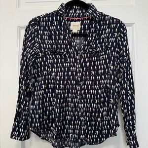 Maeve Anthropologie‎ Navy Bird Print Button Up Blouse Size 2